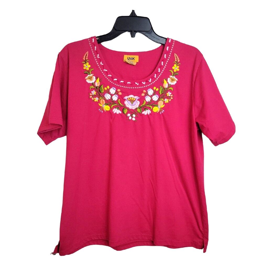 UNIK Pink Embroidered‎ Floral Scoop Neck Short Sleeve Casual Top Women's Size XL